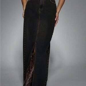 Missguided Black Studded Denim Maxi Skirt